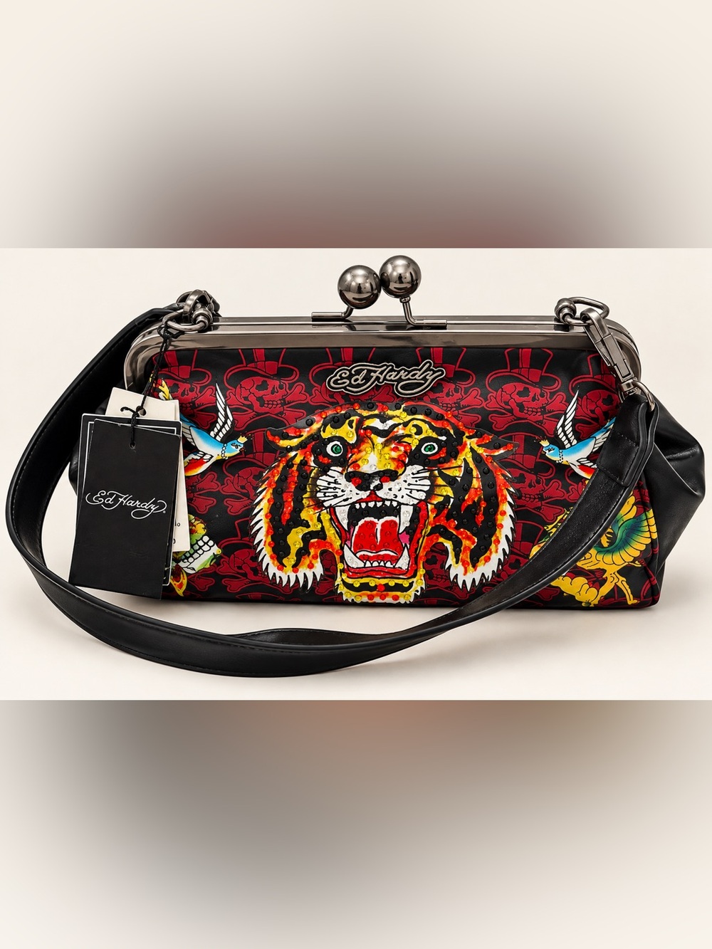Ed Hardy Black Red Yellow Tiger Kiss-Lock Clutch
